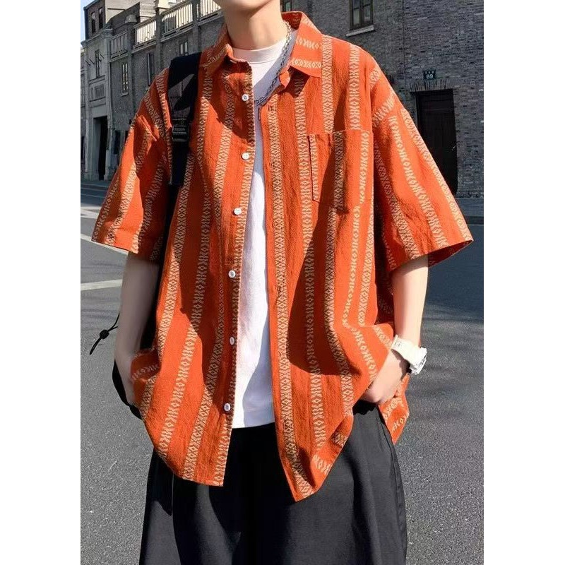 Summer Shirt Orange Men Pan Striped Loose Collar Cotton Peter