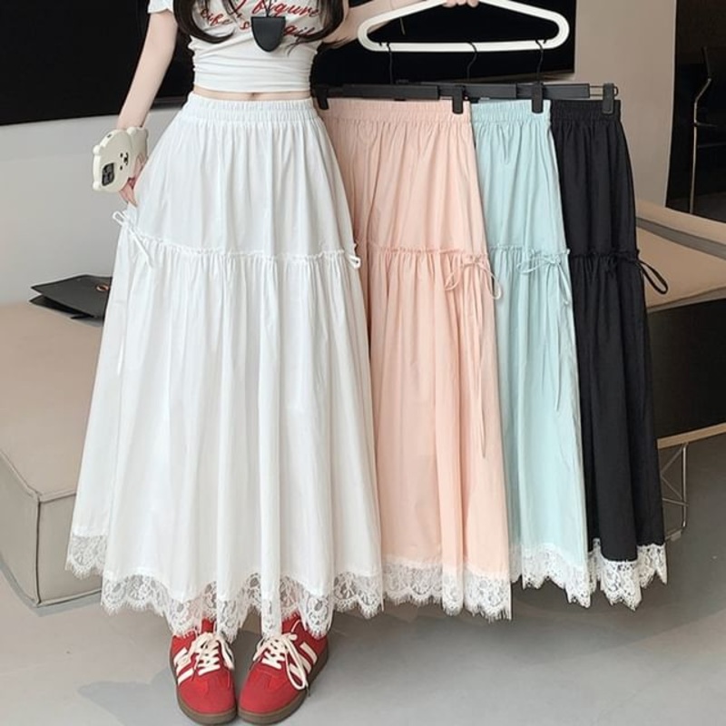 Trim Maxi Plain Lace A-Line Waist High Skirt