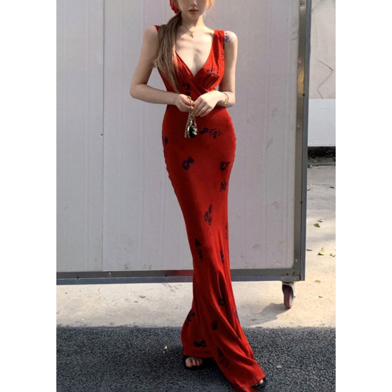 Up Print V Red Slim Lace Neck Fit Maxi Sleeveless Cotton Dresses