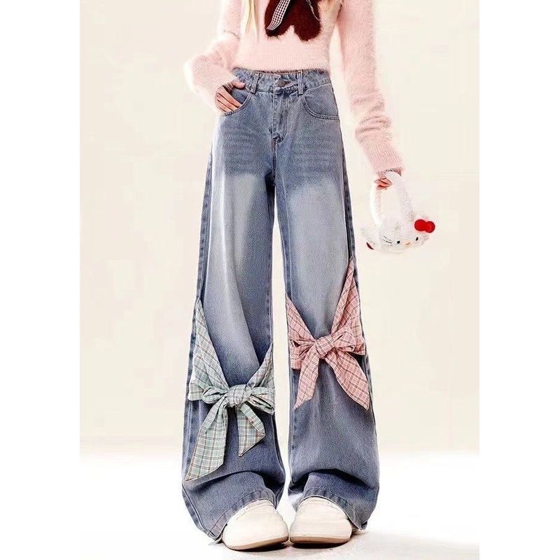 Waist Blue Pockets Spring High Denim Pants Bow Loose