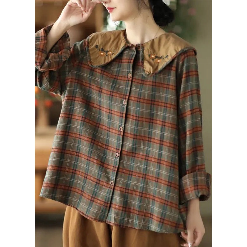 Art Cotton Embroidered Green Blouses Plaid Spring