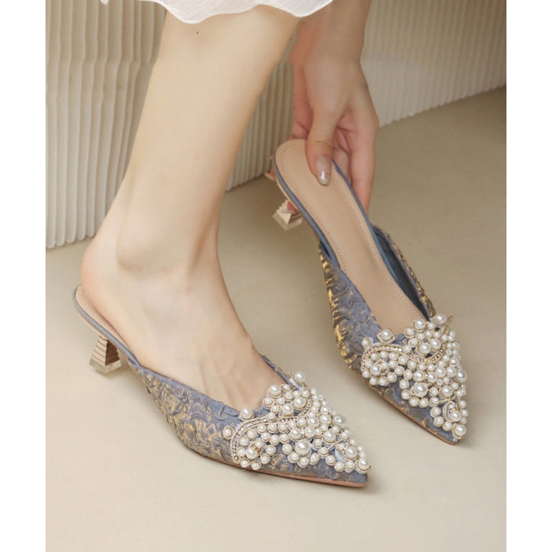 Bead Pointed Heel Blue Sandals Elegant Slide Splicing High Nail