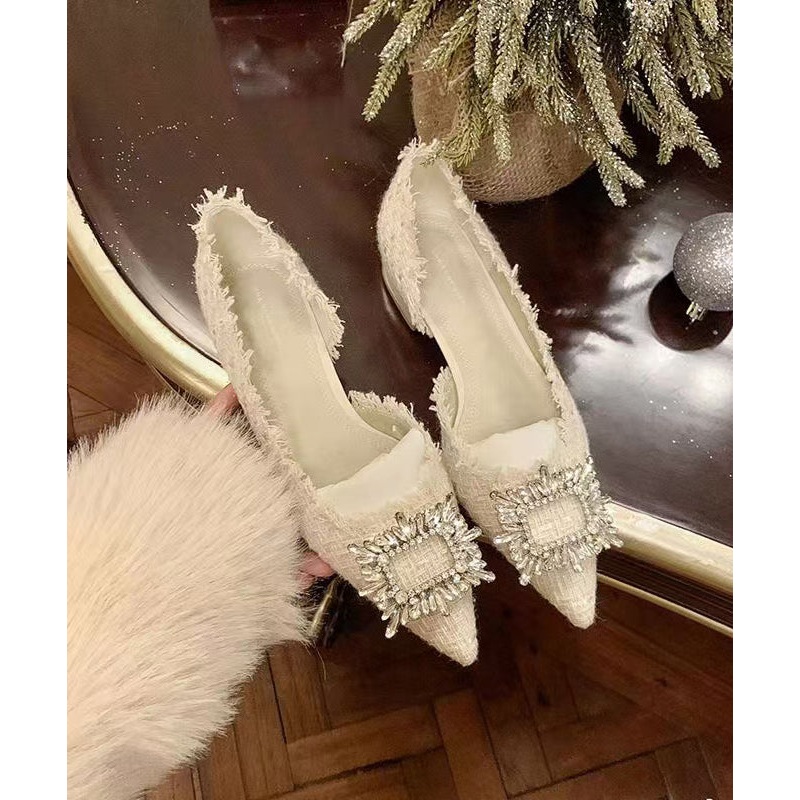 Beige Feet Shoes French Toe Flat Splicing Zircon Pointed
