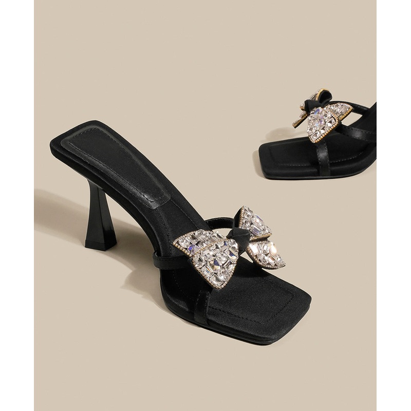 Bow Heel Splicing Slide Black Sandals Zircon High