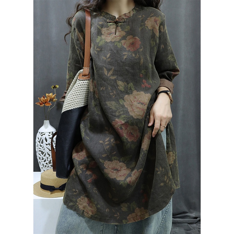 Bracelet Button Vintage Dress Sleeve Print Shirts Black Linen