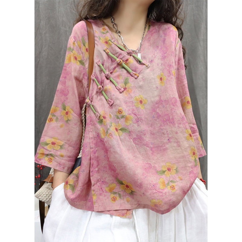 Chinese Purple Linen Button Shirt V Neck Vintage Spring