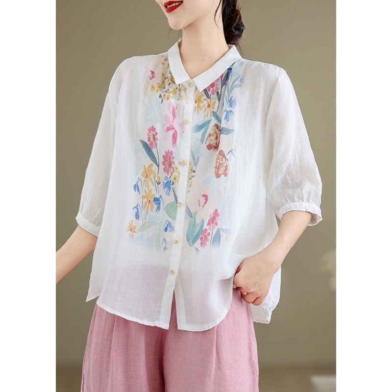 Collar Summer Shirt Linen Pan Button White Peter