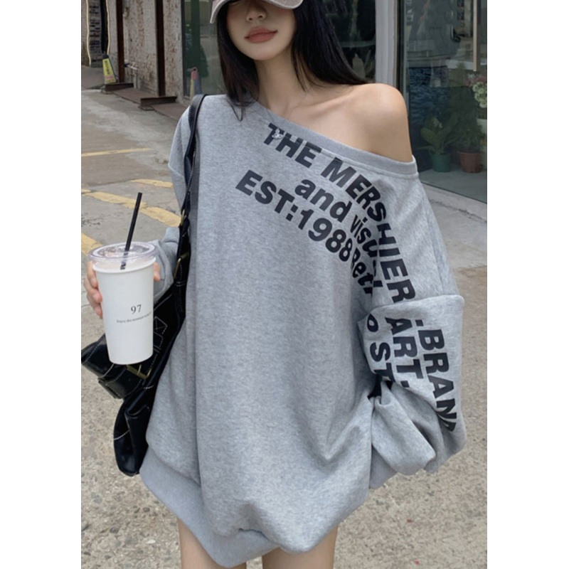 Cotton Spring Letter Print Grey Cold Sweatshirt Loose Shoulder