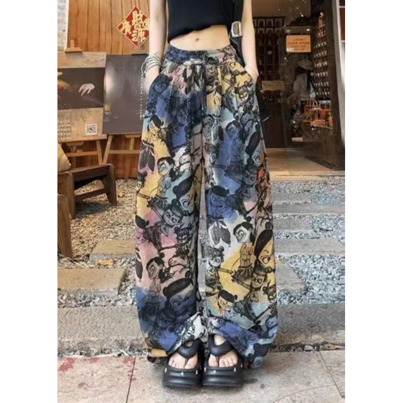 Drawstring Pockets Cotton Loose Print Summer Pants