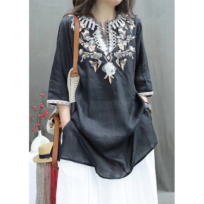 Half Sleeve Open Black Side New Shirts Embroidered Linen