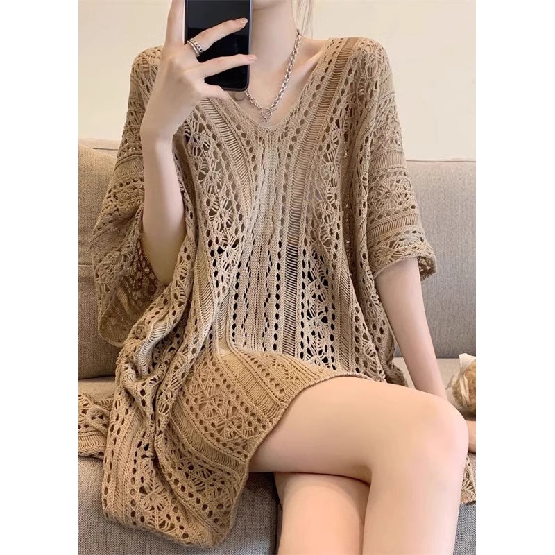 Khaki Neck Women Half Out Tops Hollow V Sleeve Knit