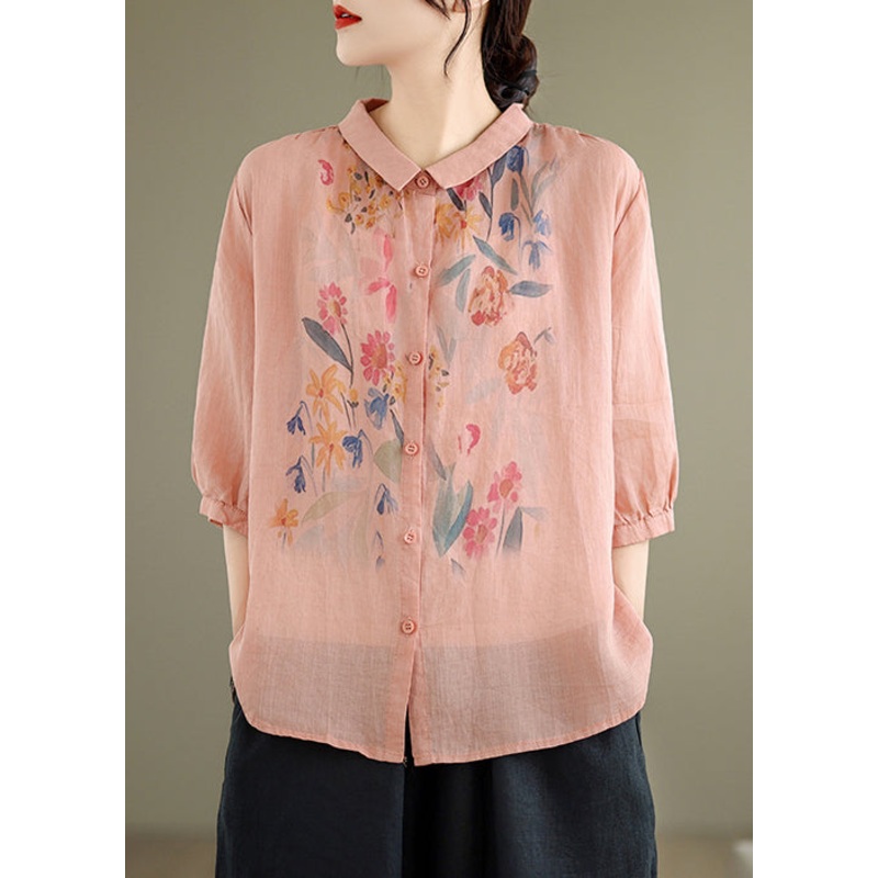 Linen Blouses Print Half Pink Sleeve Loose Button