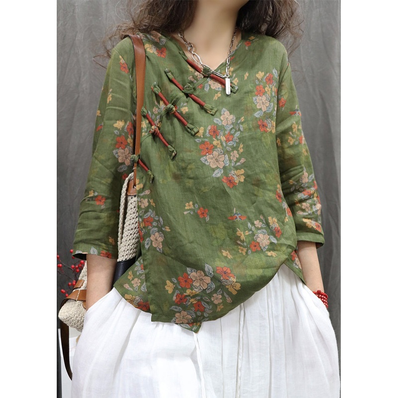 Linen Sleeve Green Button Bracelet Blouses Print Chinese New