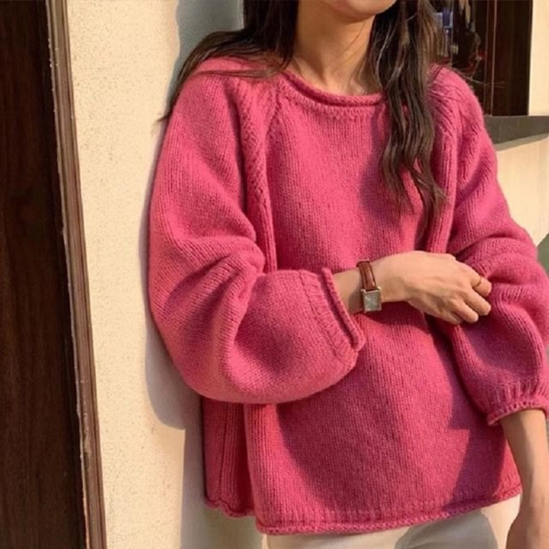 Neck Plain Crew Sweater|Off-White|Pink|Red|Rose Pink|Tangerine|Yellow|One Size