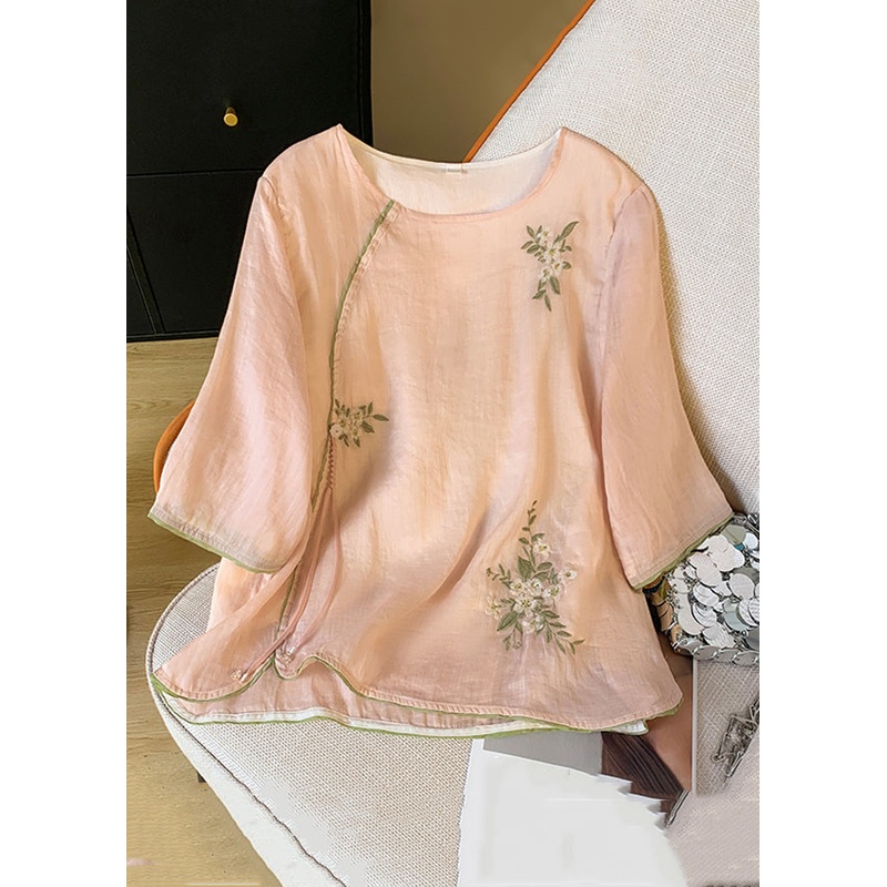 O Cotton Sleeve New Blouses Pink Embroidered Neck Bracelet