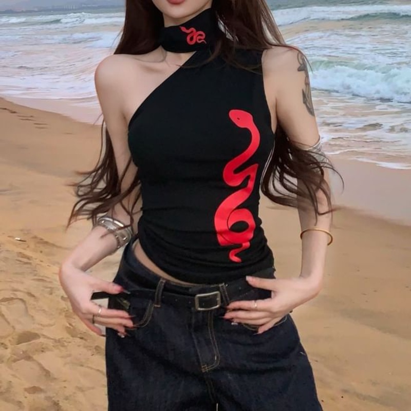 One-Shoulder Slim Halter Print Snake Top Fit Tank