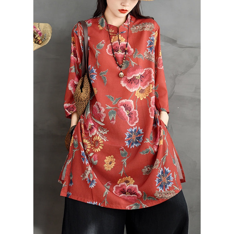 Red Linen Collar Bracelet Sleeve Dresses Button Print Stand Shirt