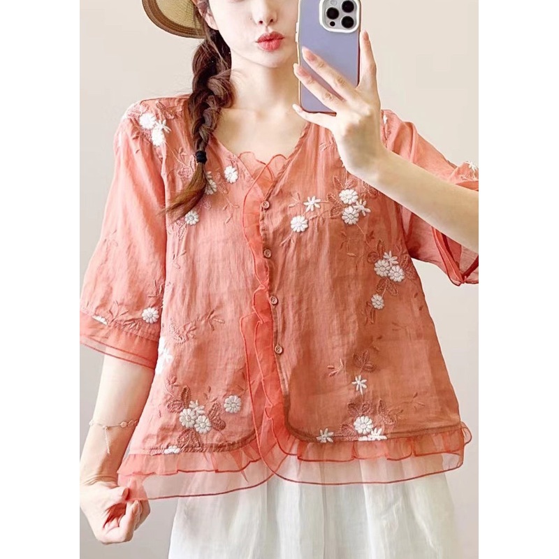 Ruffled Linen Blouses Embroidered Style Half Chinese Orange