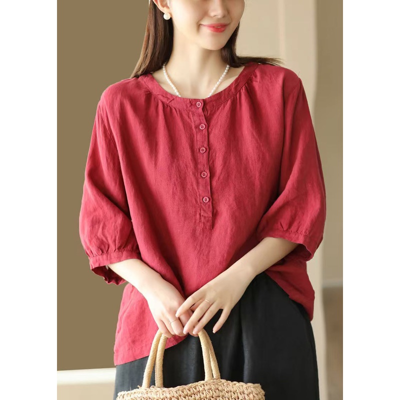 Simple O Bracelet Cotton Sleeve Neck Red Shirts Button