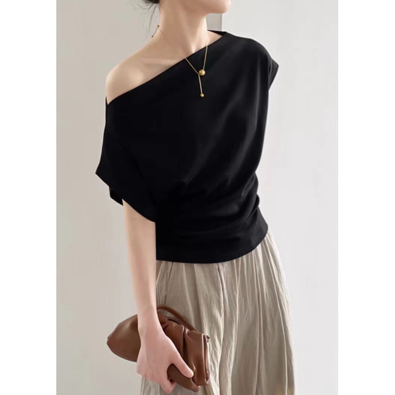 T Shirt Women Solid Summer Black Slash Cotton Neck