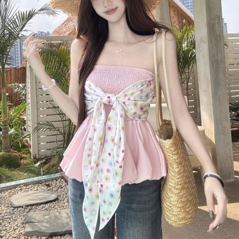 Top Tube Peplum Bow Floral|Pink|S|M