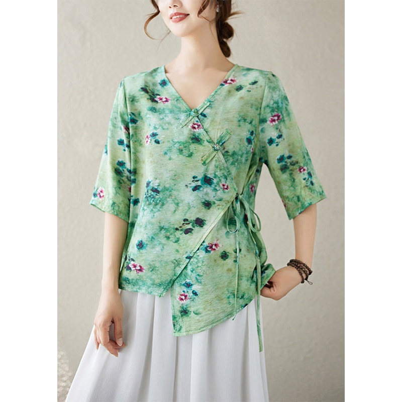 Up Summer Print V Top Green Cotton Blouse Lace Neck