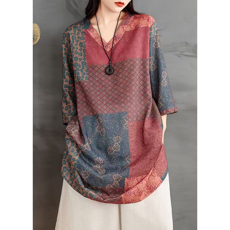 V Bracelet Neck Sleeve Colorblock Shirts Linen Print French
