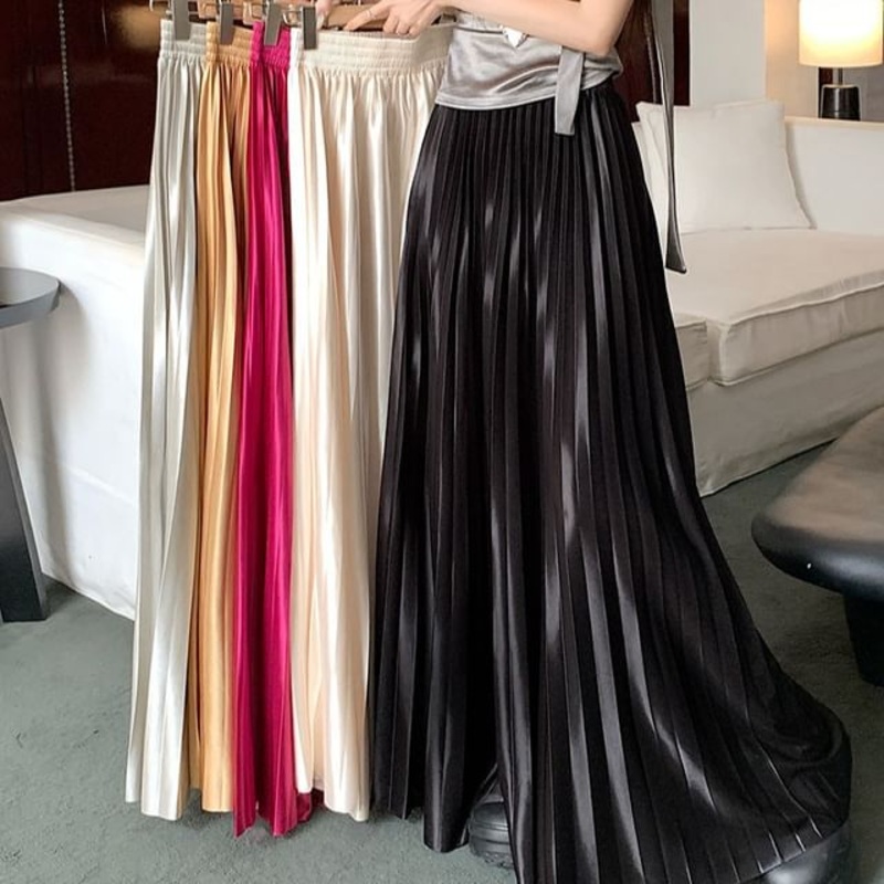 Waist Pleated Maxi A-Line Plain High Skirt Accordion