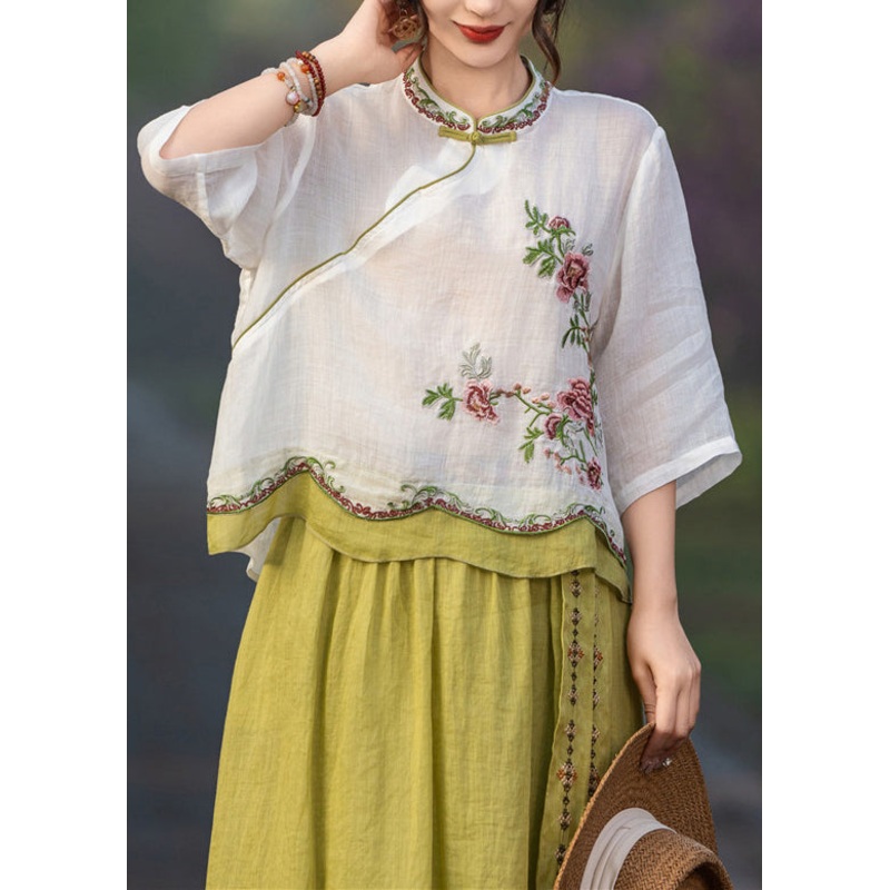 White Button Linen Summer Blouses Patchwork Embroidered