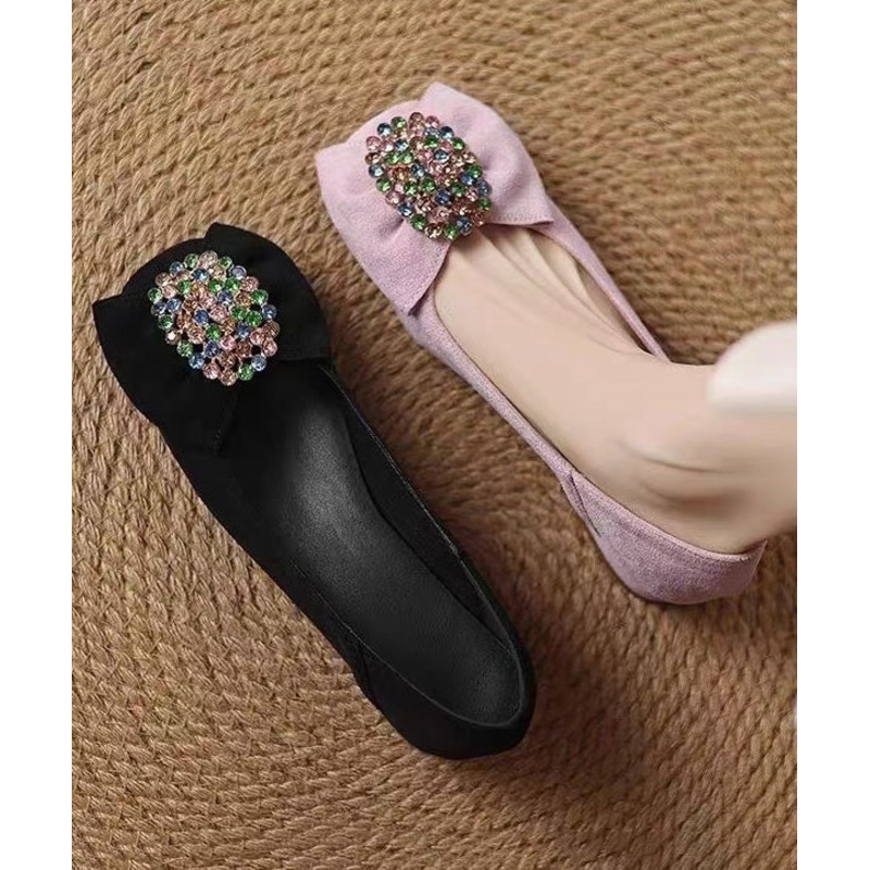 Zircon Suede Bow Black Comfy Loafers Penny Splicing