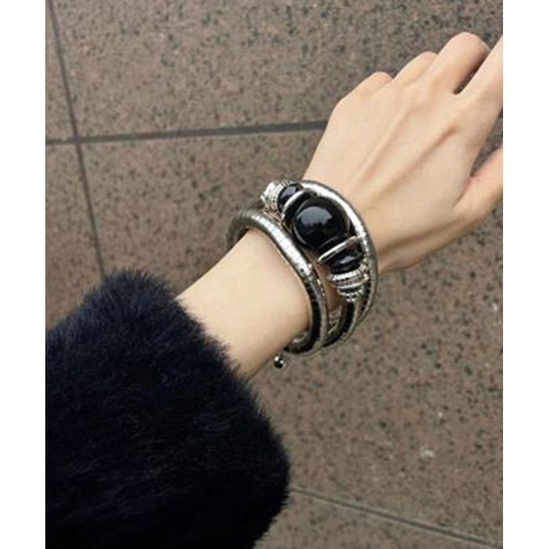 Bangle Elastic Alloy Vintage Black Agate