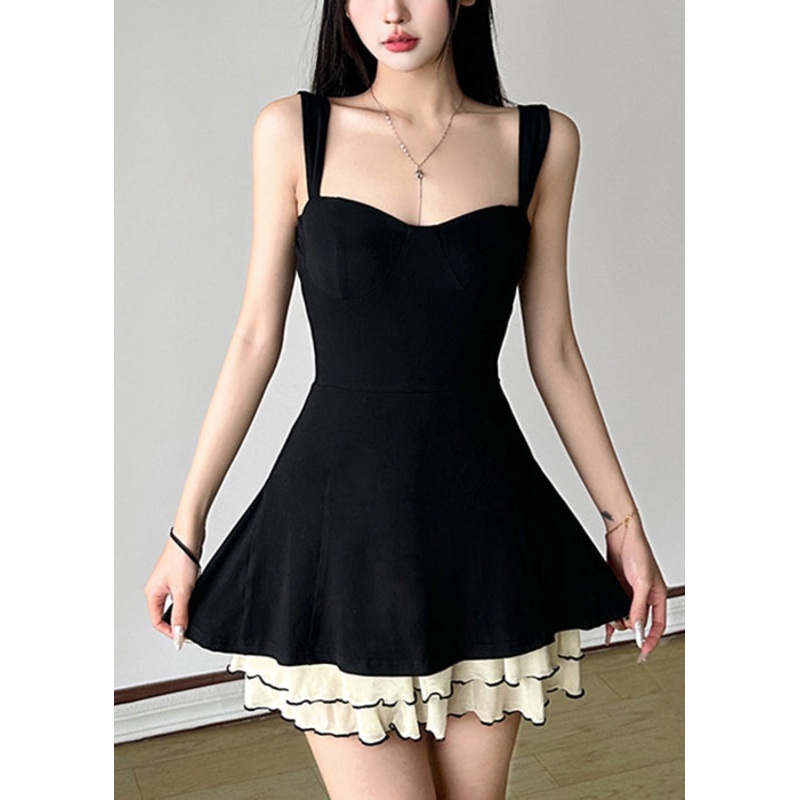 Black Patchwork Strap Tulle Cotton New Solid Spaghetti Dresses