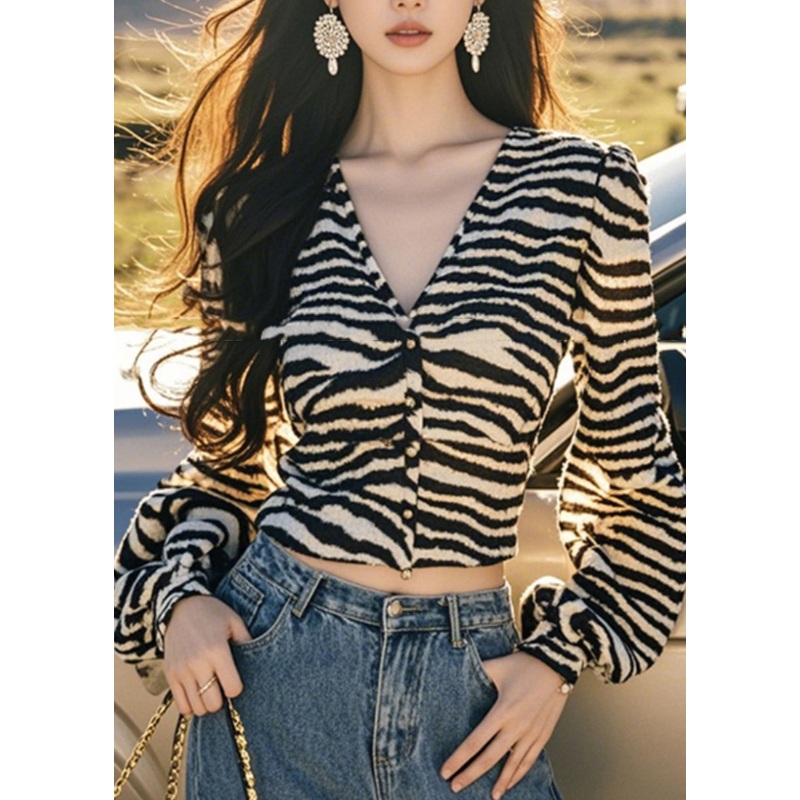 Button French Tops Lantern Sleeve V Leopard Neck