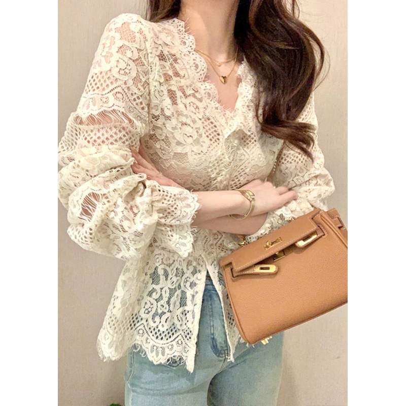 Button Tops Out French Ruffled Beige Lace Spring Hollow