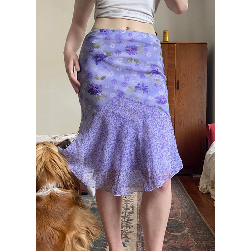 Chiffon Skirt Patchwork Summer Zippered Elegant Print Purple