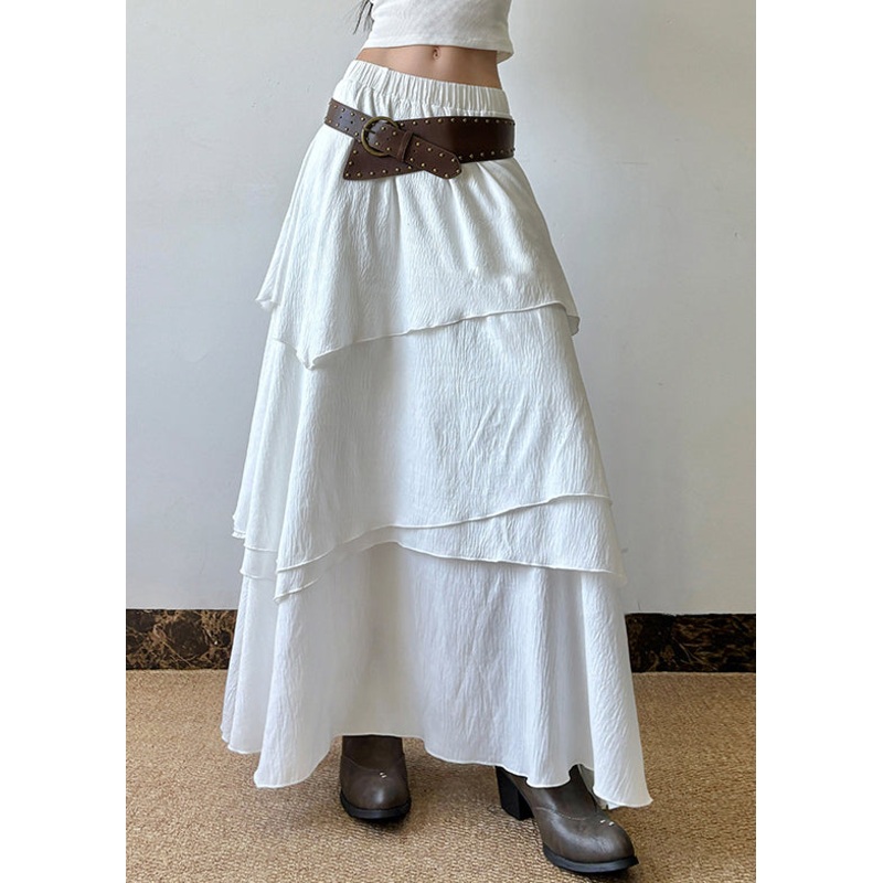 Cotton Elastic Summer Skirts Solid Waist Bohemian White Layered