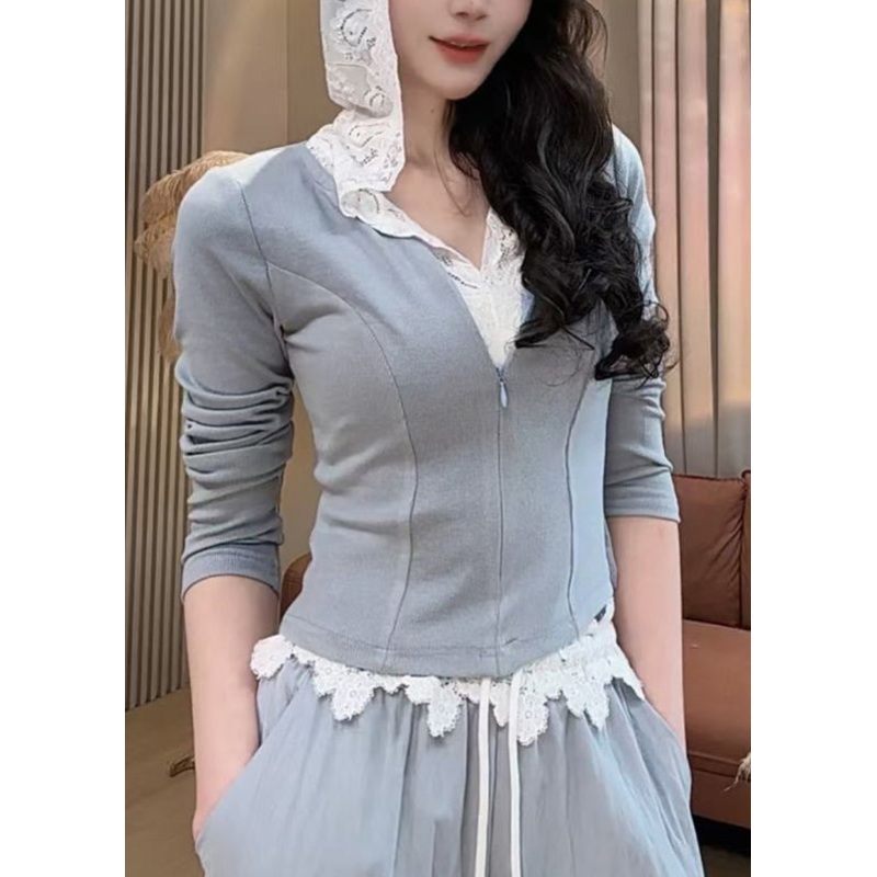 Grey Zippered Pants Pieces Set Women Two Hooded And Sweatshirt
