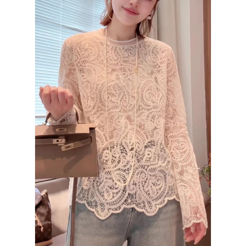 Hollow Spring Out O-Neck T Beige Shirt Organic Lace