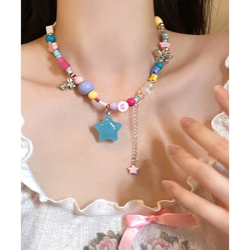 Resin Love Beads Pendant Copper Beautiful Tassel Necklace Rainbow