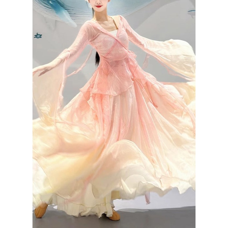 Silk Pink Gradient Pieces Two V And Maxi Top Color Neck Skirts