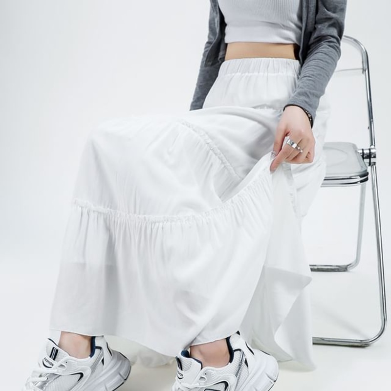 Skirt Elastic Plain A-Line Waist Maxi Tiered