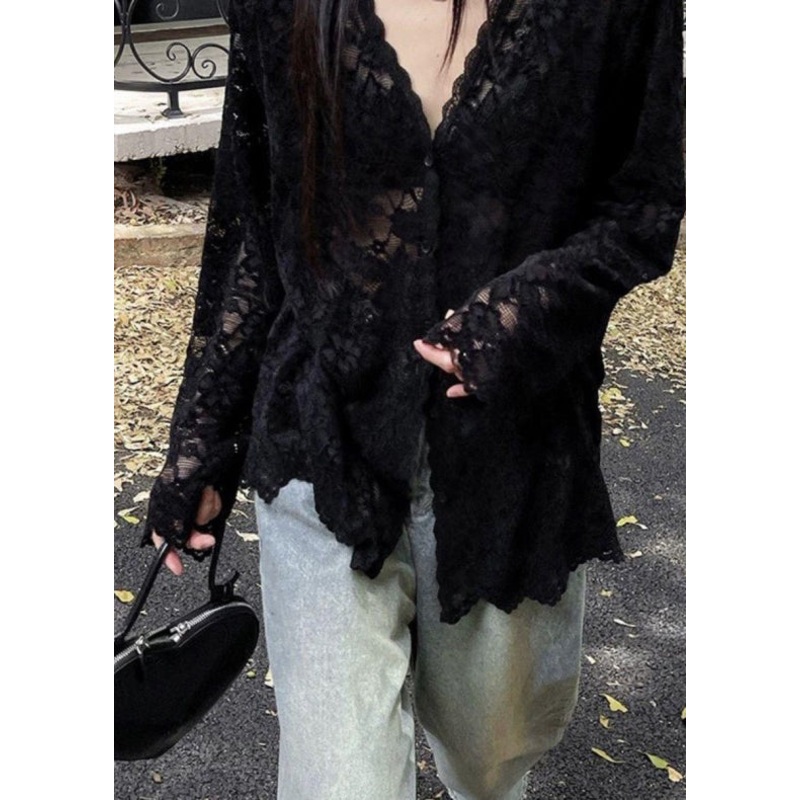 Spring Hollow Out Shirt Neck Bohemian Lace V Black