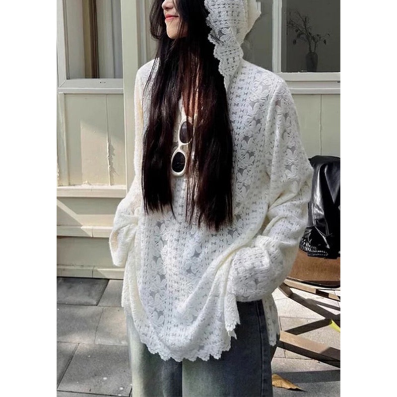 Spring Lace Modern Floral Knit Shirts White Hooded