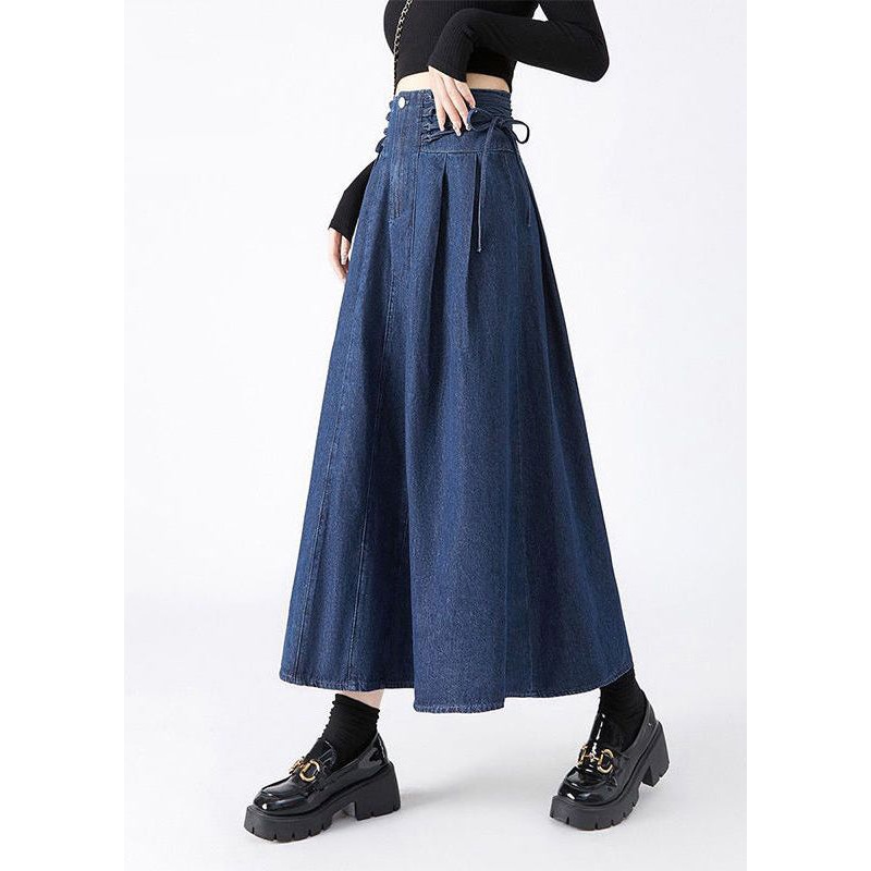 Spring Patchwork Denim Waist Fashion Navy Skirts Maxi Tie