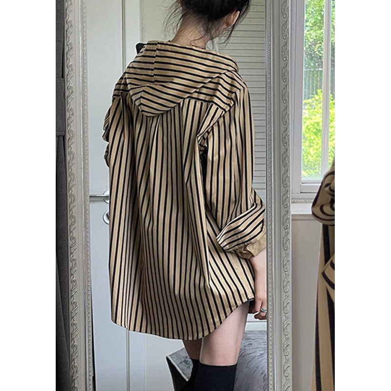 Spring Shirts Button Hooded Natural Striped Khaki