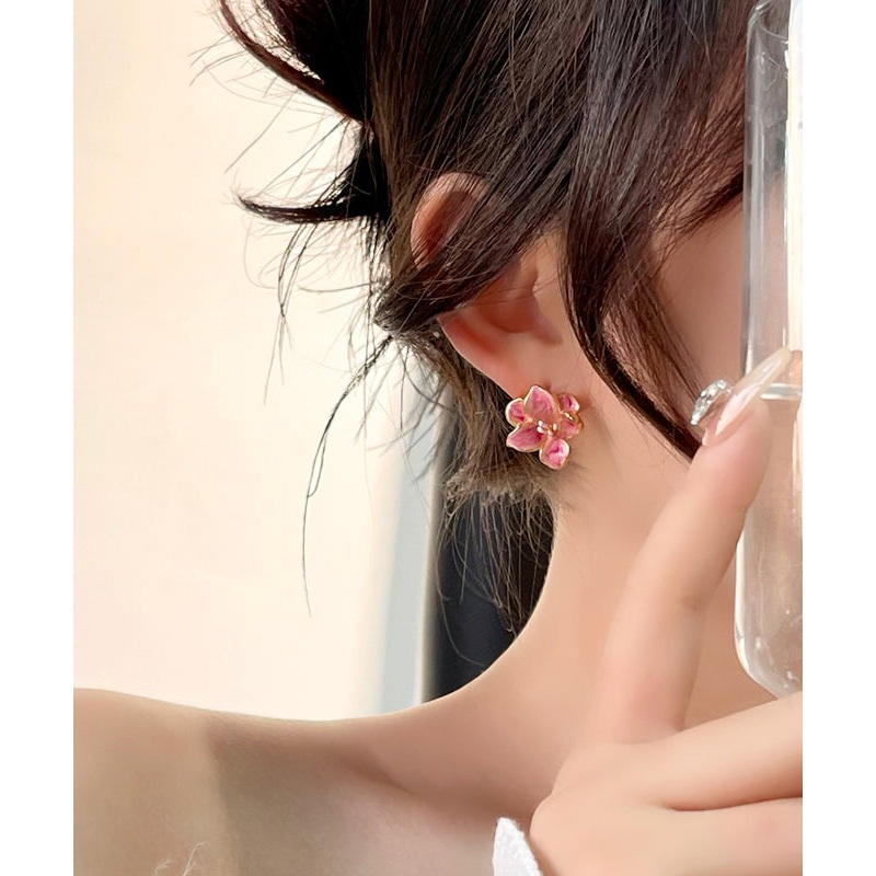 Stud Cute Earrings Pink Floral Glaze Copper Drip