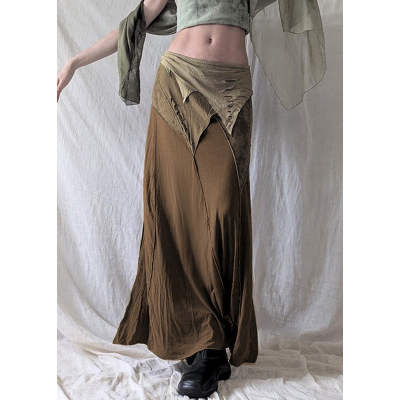 Summer Side Brown Open Patchwork Skirt Elastic Waist Cotton
