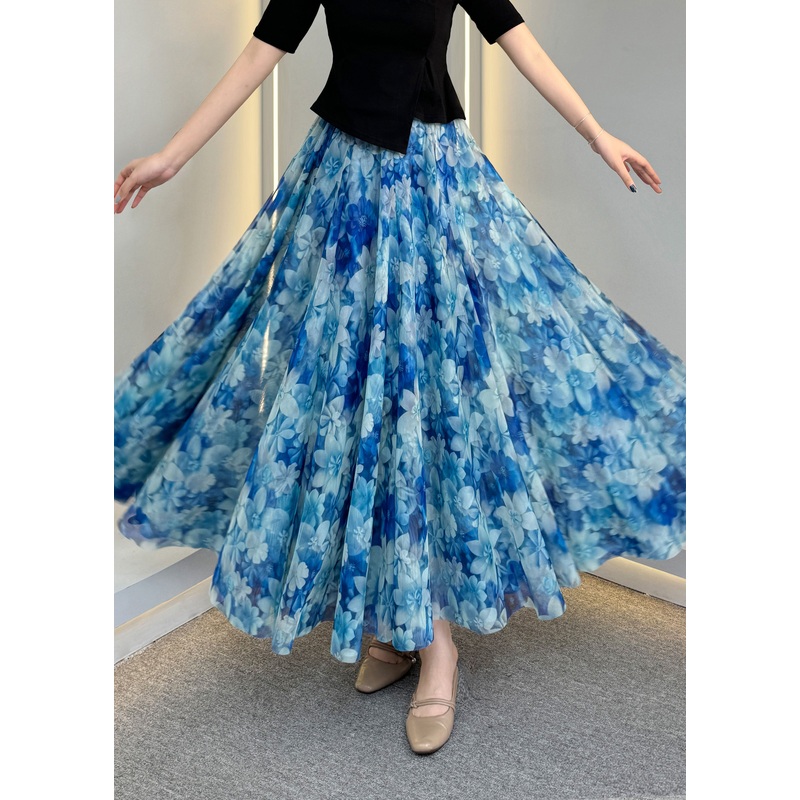 Summer Waist Print Skirts Tulle A Line Elastic Natural Blue