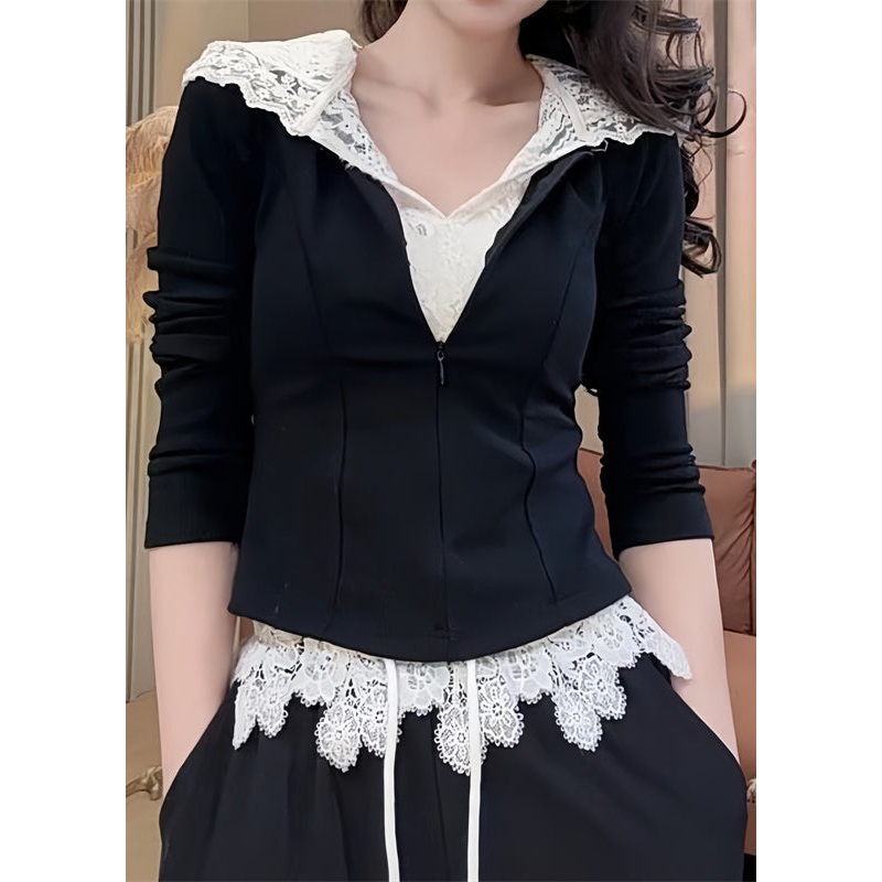 Sweatshirt Lace Straight And Pants Hooded Casual Black Patchwork