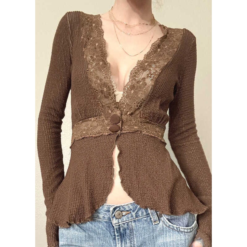 Tops Patchwork Knit Fit Spring Brown Slim Lace
